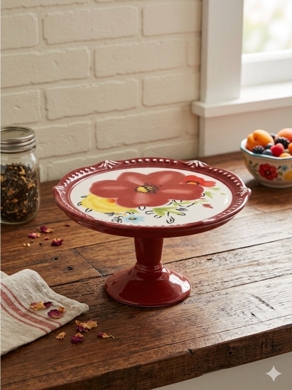🩷 New Pioneer Woman Flea Market 5.8" Mini Cake stand, Floral Floral Burgundy, 1